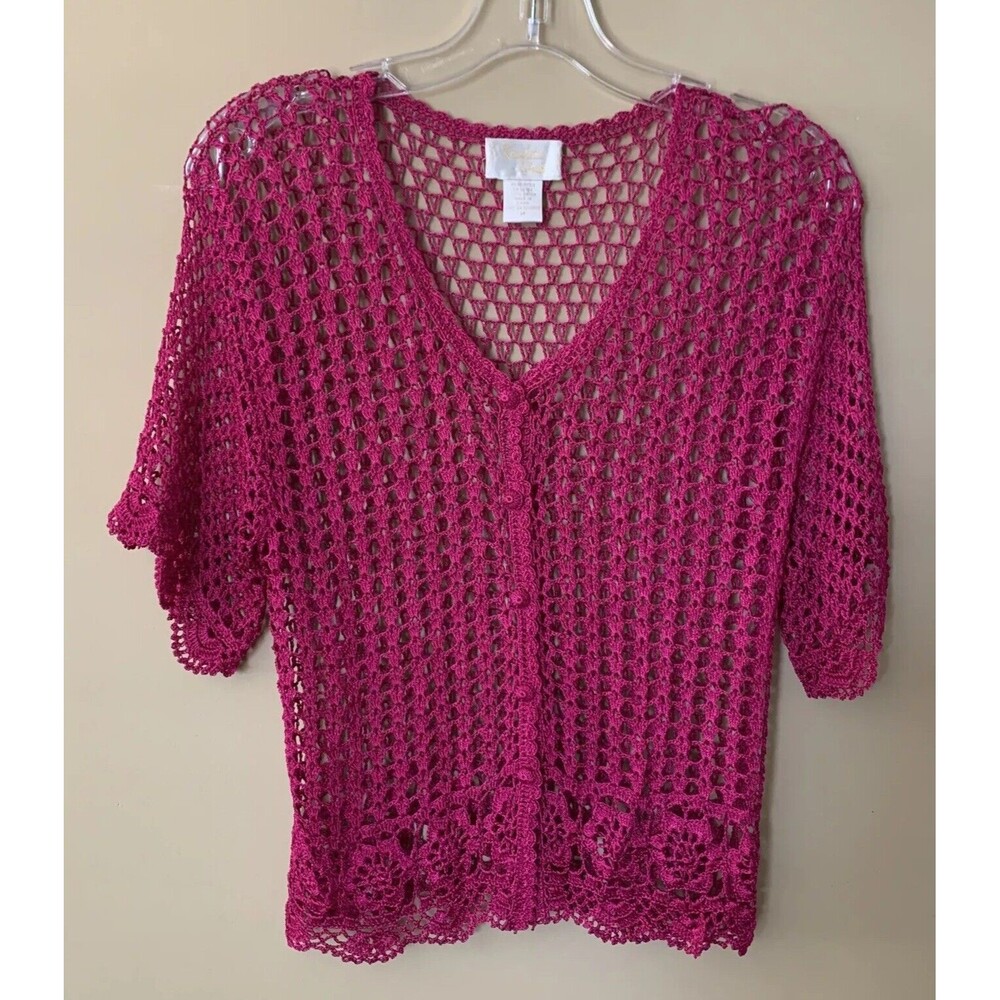 Kroshetta By Papillon Pink Crochet Cardigan Women’s Size Medium Short Sleeve B2